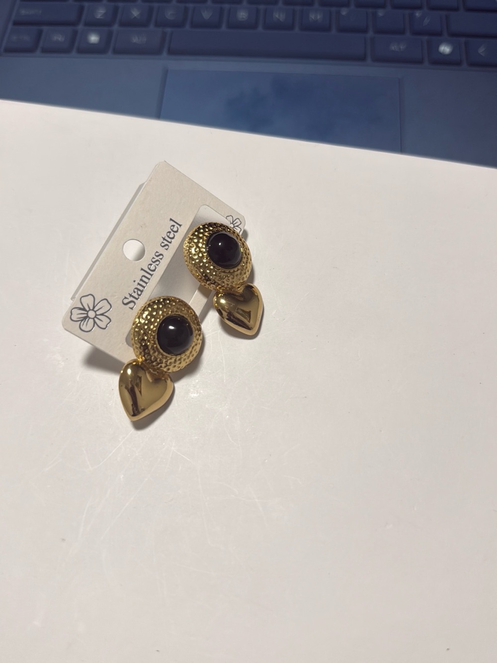 Gold Stainless Steel Heart Drop Earrings with Black Stone
